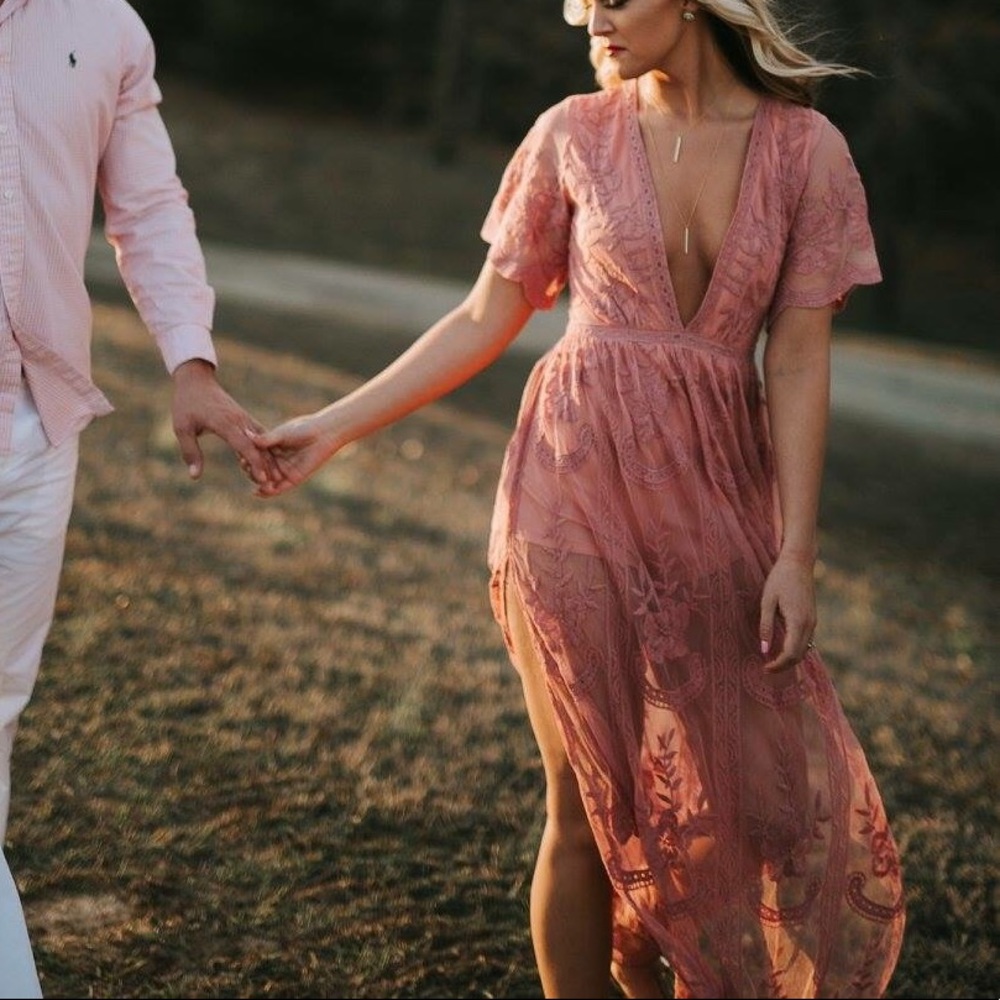 Boutique Pink Lace Maxi Dress